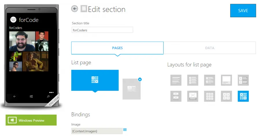 Imagen de AppStudio añadiendo la sección Collection