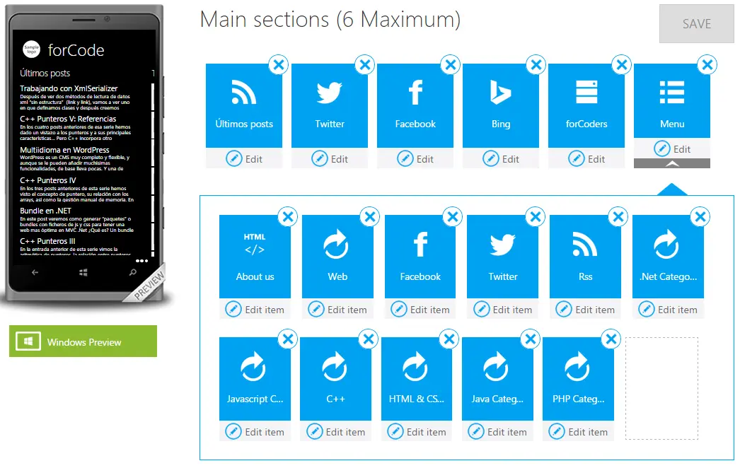 Imagen de AppStudio añadiendo menú actions
